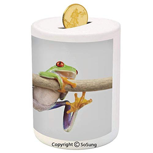 SoSung Animal Decor Ceramic Piggy Bank,Funny Red Eyed Frog Hanging on The Tree Branch Wild Life Nature Animal Art Photo 3D Printed Ceramic Coin Bank Money Box for Kids  and  Adults,Cream Purple Green