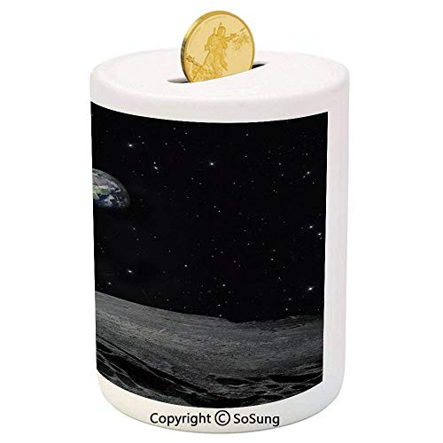 SoSung Earth Ceramic Piggy Bank,Planet Earth As Seen from The Moon Outer Space Milky Way Quiet Night Sky Galaxy Decorative 3D Printed Ceramic Coin Bank Money Box for Kids  and  Adults,Black Grey Blue