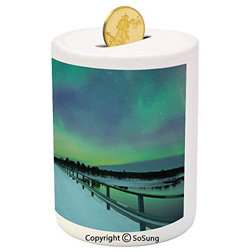SoSung Northern Lights Ceramic Piggy Bank,Long Mystic Sky Over Bridge in Snowy Arctic Frozen River Image 3D Printed Ceramic Coin Bank Money Box for Kids  and  Adults,Lime Green Petrol Blue