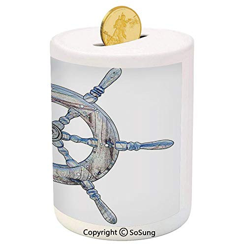 SoSung Nautical Ceramic Piggy Bank,Illustration of A Wooden Ship Wheel Over White Backdrop Sail Exploring Ocean Theme 3D Printed Ceramic Coin Bank Money Box for Kids  and  Adults,Blue White