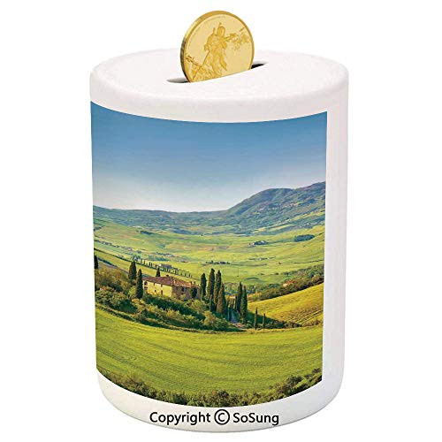 SoSung Tuscan Ceramic Piggy Bank,Rural Landscape Cypresses Along The Path to Ancient Vineyard Farm House 3D Printed Ceramic Coin Bank Money Box for Kids  and  Adults,Green and Light Blue