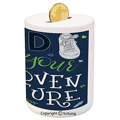 SoSung Adventure Ceramic Piggy Bank,Youthful Design Find Your Adventure Quote Forest Elements and Sneakers Decorative 3D Printed Ceramic Coin Bank Money Box for Kids  and  Adults,Dark Blue Black Green
