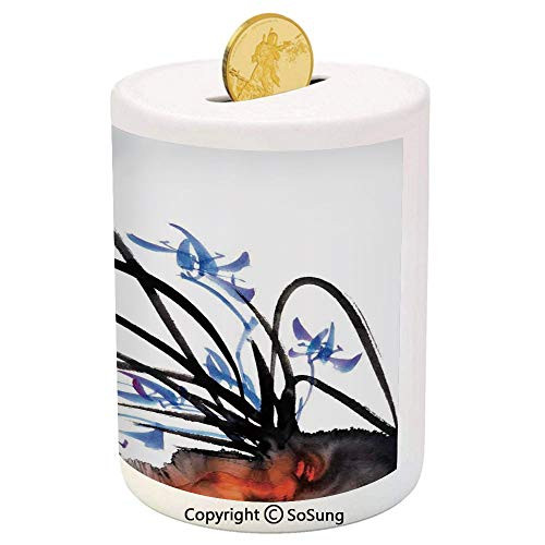 SoSung Asian Decor Ceramic Piggy Bank,Classic Asian Oriental Ink Painting of Orchid Artistic Design Decorative Artwork 3D Printed Ceramic Coin Bank Money Box for Kids  and  Adults,Black Blue White