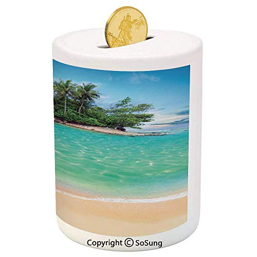 SoSung Island Ceramic Piggy Bank,Tropical Island Sandy Seaside Clear Water Honeymoon Destination Waterscape 3D Printed Ceramic Coin Bank Money Box for Kids and Adults,Cream Blue Green SoSung Island Ceramic Piggy Bank,Tropical Island Sandy Seaside Clear Water Honeymoon Destination Waterscape 3D Printed Ceramic Coin Bank Money Box for Kids and Adults,Cream Blue Green