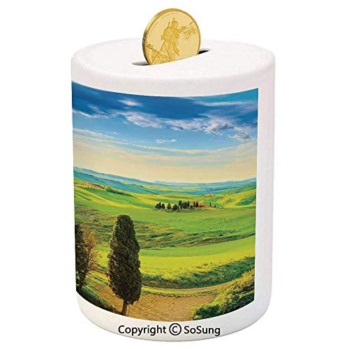 Nature Ceramic Piggy Bank,Rural Sunset in Italy Countryside with Trees Fresh Meadows and Clear Sky Image Print Decorative 3D Printed Ceramic Coin Bank Money Box for Kids  and  Adults,Blue Green Nature Ceramic Piggy Bank,Rural Sunset in Italy Countryside with Trees Fresh Meadows and Clear Sky Image Print Decorative 3D Printed Ceramic Coin Bank Money Box for Kids  and  Adults,Blue Green