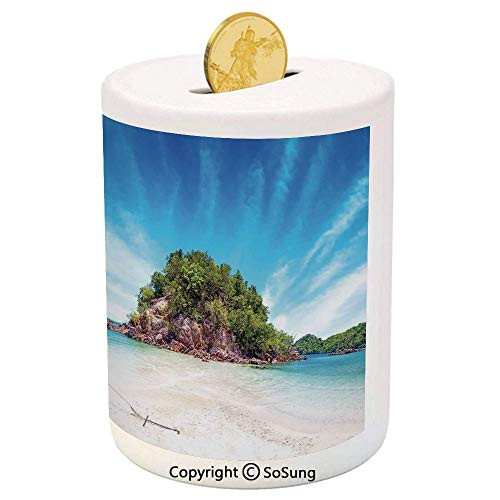 SoSung Tropical Ceramic Piggy Bank,Surreal Beach in Thailand with an Old Wooden Boat Island Ocean Picture 3D Printed Ceramic Coin Bank Money Box for Kids and Adults,Fern Green Blue Cream SoSung Tropical Ceramic Piggy Bank,Surreal Beach in Thailand with an Old Wooden Boat Island Ocean Picture 3D Printed Ceramic Coin Bank Money Box for Kids and Adults,Fern Green Blue Cream