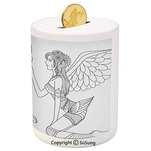 SoSung Fantasy Ceramic Piggy Bank,Drawing of a Fairy Caressing a Dragon Ornamental Details Flowers Wings Artwork 3D Printed Ceramic Coin Bank Money Box for Kids  and  Adults,Black White