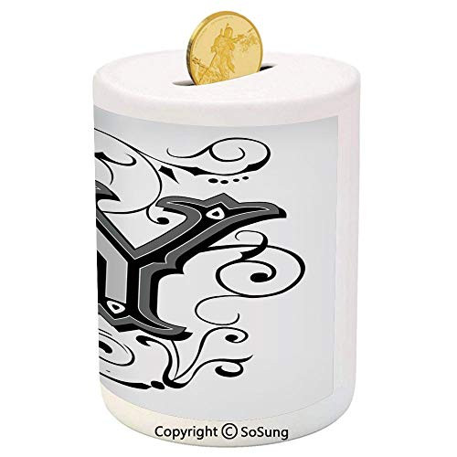 Letter Y Ceramic Piggy Bank,Calligraphy Inspired Medieval Capital Letter Alphabet Symbol European Design Decorative 3D Printed Ceramic Coin Bank Money Box for Kids  and  Adults,Black Grey White