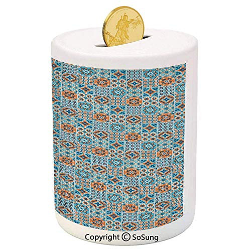 SoSung Moroccan Ceramic Piggy Bank,Various Different Flower Design Graphic Ornament Pattern Arabesque Decorative 3D Printed Ceramic Coin Bank Money Box for Kids  and  Adults,Pale and Dark Blue Orange