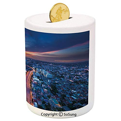 Urban Ceramic Piggy Bank,Bangkok Skyline at Sunset Evening Thailand Cityscape Metropolis Architectural Photo 3D Printed Ceramic Coin Bank Money Box for Kids and Adults,Blue Coral Urban Ceramic Piggy Bank,Bangkok Skyline at Sunset Evening Thailand Cityscape Metropolis Architectural Photo 3D Printed Ceramic Coin Bank Money Box for Kids and Adults,Blue Coral