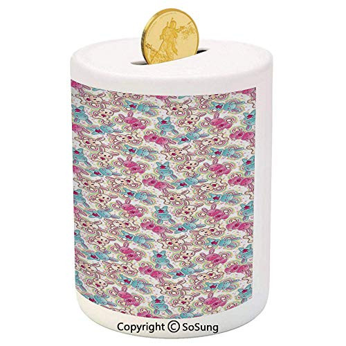 SoSung Baby Ceramic Piggy Bank,Cute Heroes Rabbits in Vivid Girls Kids Bunnies Spirals Stars Fun Theme 3D Printed Ceramic Coin Bank Money Box for Kids and Adults,Pale Blue Hot Pink Cream SoSung Baby Ceramic Piggy Bank,Cute Heroes Rabbits in Vivid Girls Kids Bunnies Spirals Stars Fun Theme 3D Printed Ceramic Coin Bank Money Box for Kids and Adults,Pale Blue Hot Pink Cream