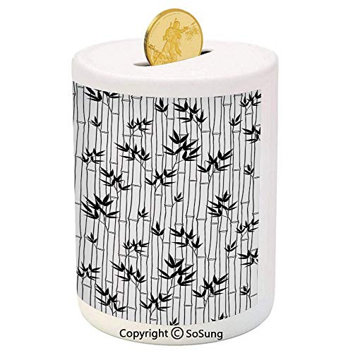 SoSung Asian Ceramic Piggy Bank,Monochrome Bamboo Pattern with Leaves Asian Foliage Elements Chinese Forest Design Decorative 3D Printed Ceramic Coin Bank Money Box for Kids  and  Adults,Black White