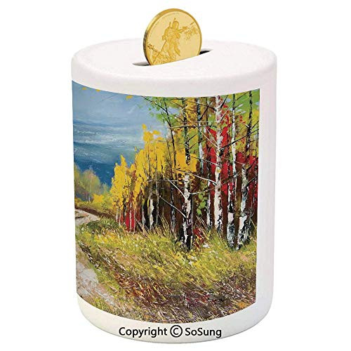 SoSung Country Decor Ceramic Piggy Bank,Eart Road Path Between Trees in The Fall Autumn with Nature Rural Art Work 3D Printed Ceramic Coin Bank Money Box for Kids  and  Adults,Blue Yellow Brown SoSung Country Decor Ceramic Piggy Bank,Eart Road Path Between Trees in The Fall Autumn with Nature Rural Art Work 3D Printed Ceramic Coin Bank Money Box for Kids  and  Adults,Blue Yellow Brown