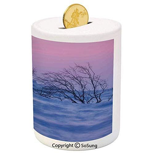 Driftwood Decor Ceramic Piggy Bank,Nature Theme Dead Trees in The Wavy Sea During Twilight Digital Image 3D Printed Ceramic Coin Bank Money Box for Kids and Adults,Blue and Pink Driftwood Decor Ceramic Piggy Bank,Nature Theme Dead Trees in The Wavy Sea During Twilight Digital Image 3D Printed Ceramic Coin Bank Money Box for Kids and Adults,Blue and Pink