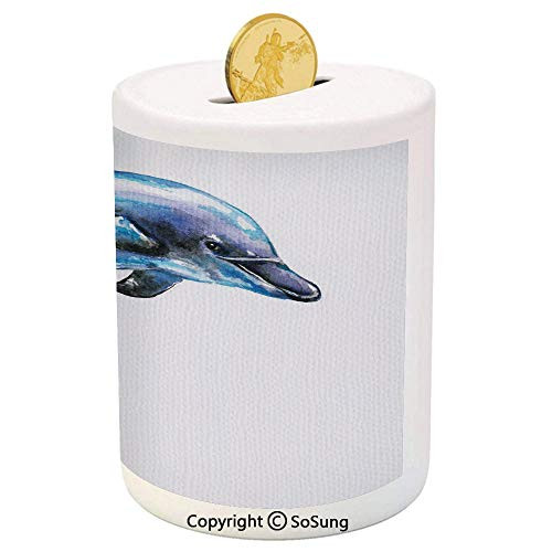 SoSung Dolphin Ceramic Piggy Bank,Watercolor Ocean Mammal Hand Drawn Aquatic Life Environment Friendly Animal 3D Printed Ceramic Coin Bank Money Box for Kids  and  Adults,Blue Lilac Black