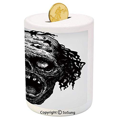 SoSung Halloween Ceramic Piggy Bank,Zombie Head Evil Dead Man Portrait Fiction Creature Scary Monster Graphic 3D Printed Ceramic Coin Bank Money Box for Kids  and  Adults,Black Dark Grey