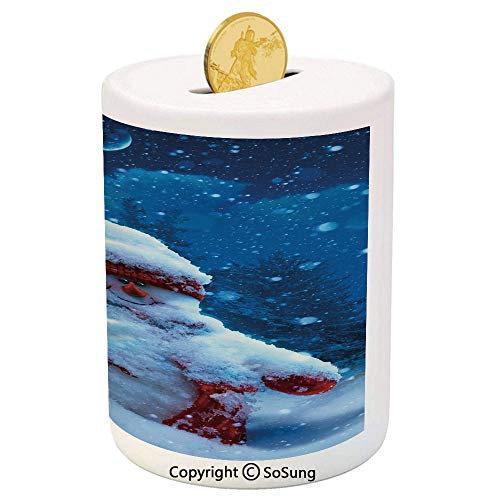 SoSung Christmas Ceramic Piggy Bank,Snowman with Magic Wand and Fir Branches Covered with Snow Winter Night Decorative 3D Printed Ceramic Coin Bank Money Box for Kids  and  Adults,Navy Blue Red White