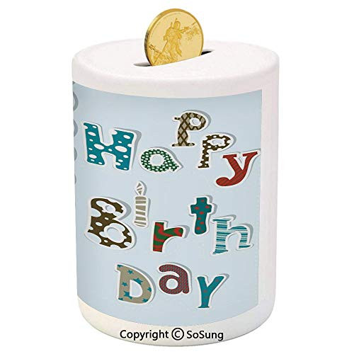 SoSung Birthday Decorations for Kids Ceramic Piggy Bank,Patchwork Inspired Owl Birds Elephant Flowers 3D Printed Ceramic Coin Bank Money Box for Kids  and  Adults,Sky Blue and Light Blue