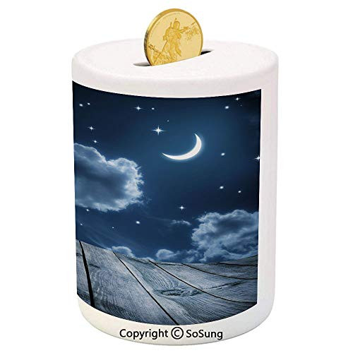 SoSung Dark Blue Ceramic Piggy Bank,Vivid Night Sky with Stars Clouds and Crescent Moon Wooden Planks Celestial 3D Printed Ceramic Coin Bank Money Box for Kids  and  Adults,Dark Blue White