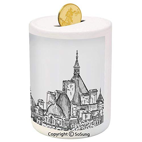 SoSung Modern Decor Ceramic Piggy Bank,European City Landscape Sketchy Artistic Painting with Landsmarks Image 3D Printed Ceramic Coin Bank Money Box for Kids and Adults,Black and White SoSung Modern Decor Ceramic Piggy Bank,European City Landscape Sketchy Artistic Painting with Landsmarks Image 3D Printed Ceramic Coin Bank Money Box for Kids and Adults,Black and White