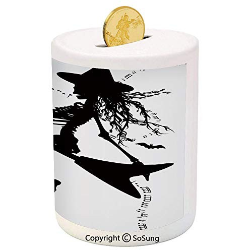 SoSung Music Ceramic Piggy Bank,Witch Flying on Electric Guitar Notes Bat Magical Halloween Artistic Illustration 3D Printed Ceramic Coin Bank Money Box for Kids  and  Adults,Black White
