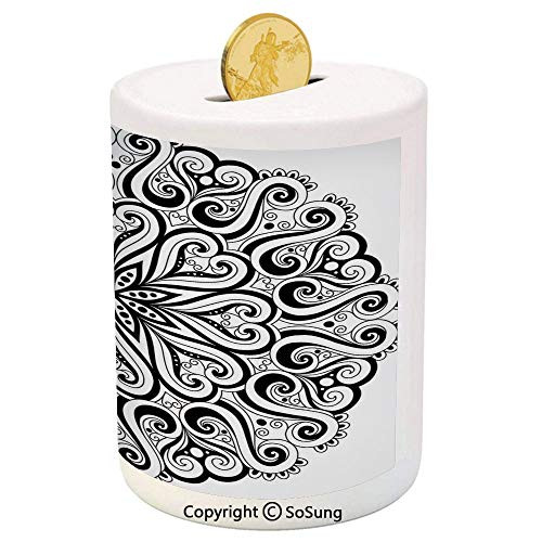 Mandala Ceramic Piggy Bank,Ethnic Asian Floral Cosmos Symbol Traditional Meditation Pattern Monochrome Print Decorative 3D Printed Ceramic Coin Bank Money Box for Kids  and  Adults,Black White