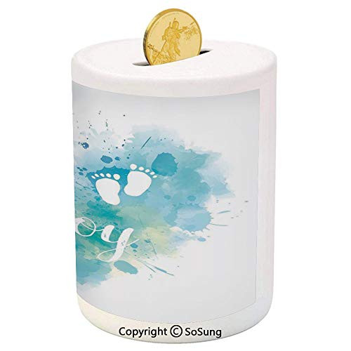 SoSung Gender Reveal Decorations Ceramic Piggy Bank,Its A Boy Quote on Brushstroke Grunge Pastel Background 3D Printed Ceramic Coin Bank Money Box for Kids  and  Adults,Turquoise Blue