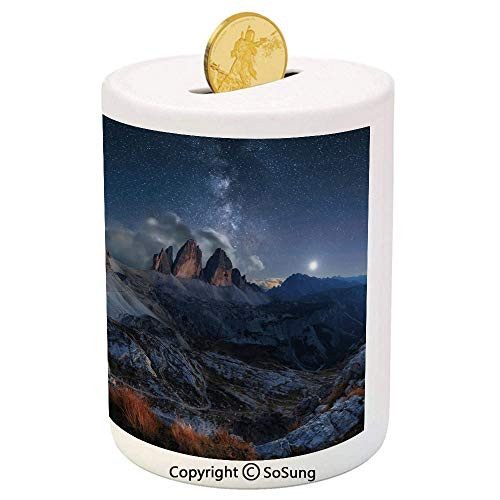 Night Ceramic Piggy Bank,Dolomites Italy Alps Mountain Landscape with Starry Night Sky Milky Way Decorative 3D Printed Ceramic Coin Bank Money Box for Kids  and  Adults,Dark Blue Redwood Tan
