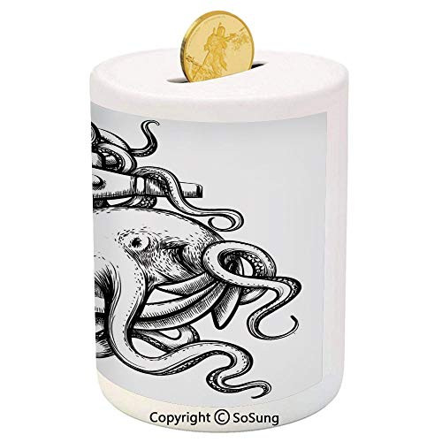 Octopus Decor Ceramic Piggy Bank,Nautical Decor Anchor and Octopus with Long Tentacles Sketch Style Sea Creature Image 3D Printed Ceramic Coin Bank Money Box for Kids and Adults,Black White Octopus Decor Ceramic Piggy Bank,Nautical Decor Anchor and Octopus with Long Tentacles Sketch Style Sea Creature Image 3D Printed Ceramic Coin Bank Money Box for Kids and Adults,Black White