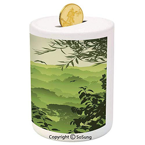 SoSung Forest Ceramic Piggy Bank,Forest Scenery with Tea Trees and Gulls in The Jungle Birds Branches Eco Graphic Work 3D Printed Ceramic Coin Bank Money Box for Kids and Adults,Green SoSung Forest Ceramic Piggy Bank,Forest Scenery with Tea Trees and Gulls in The Jungle Birds Branches Eco Graphic Work 3D Printed Ceramic Coin Bank Money Box for Kids and Adults,Green