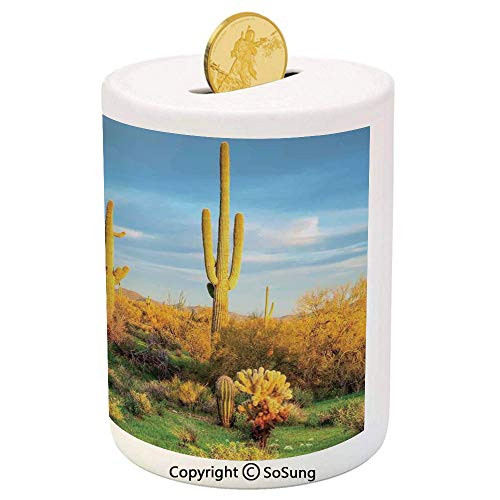 Saguaro Cactus Decor Ceramic Piggy Bank,Sun Bath in Sonoran Desert Blooming Cactus Spring Time Vegetation Scenery 3D Printed Ceramic Coin Bank Money Box for Kids and Adults,Yellow Blue Green Saguaro Cactus Decor Ceramic Piggy Bank,Sun Bath in Sonoran Desert Blooming Cactus Spring Time Vegetation Scenery 3D Printed Ceramic Coin Bank Money Box for Kids and Adults,Yellow Blue Green
