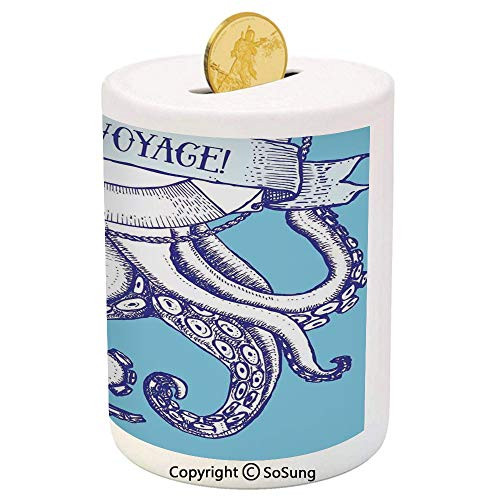SoSung Octopus Decor Ceramic Piggy Bank,Octopus and Life Buoy in Vintage Style with Lettering SEA Voyage Illustration 3D Printed Ceramic Coin Bank Money Box for Kids  and  Adults,Purple Blue