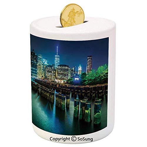 New York Ceramic Piggy Bank,Pier Pilings and Manhattan Skyline at Night Downtown Urban East River 3D Printed Ceramic Coin Bank Money Box for Kids and Adults,Dark Blue Green Yellow New York Ceramic Piggy Bank,Pier Pilings and Manhattan Skyline at Night Downtown Urban East River 3D Printed Ceramic Coin Bank Money Box for Kids and Adults,Dark Blue Green Yellow