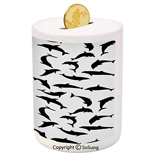 Dolphin Ceramic Piggy Bank,Smart Ocean Mammal Silhouettes in Various Actions Jumping Swimming Sea Animals 3D Printed Ceramic Coin Bank Money Box for Kids  and  Adults,Black White