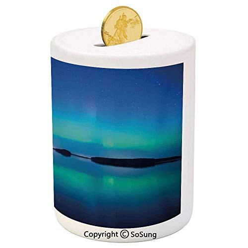 Northern Lights Ceramic Piggy Bank,Unusual Sky Scenery Over Calm Serene Lake Color Reflections Landscape 3D Printed Ceramic Coin Bank Money Box for Kids  and  Adults,Violet Blue Northern Lights Ceramic Piggy Bank,Unusual Sky Scenery Over Calm Serene Lake Color Reflections Landscape 3D Printed Ceramic Coin Bank Money Box for Kids  and  Adults,Violet Blue