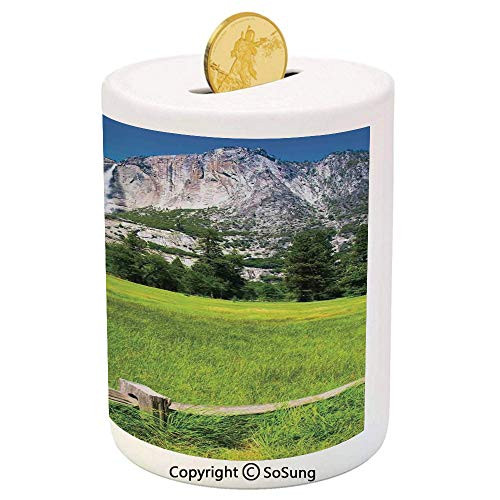 SoSung Yosemite Ceramic Piggy Bank,The Falls in Yosemite National Park California USA Countryside Landmark Picture 3D Printed Ceramic Coin Bank Money Box for Kids  and  Adults,Green Blue