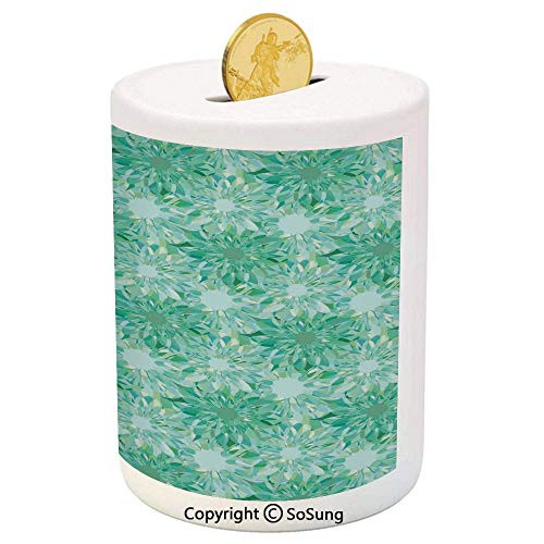 SoSung Turquoise Decor Ceramic Piggy Bank,Floral Pattern with Beryl Crystal Guilloche Flowers Carving Art Decorating Image Print 3D Printed Ceramic Coin Bank Money Box for Kids  and  Adults,Green