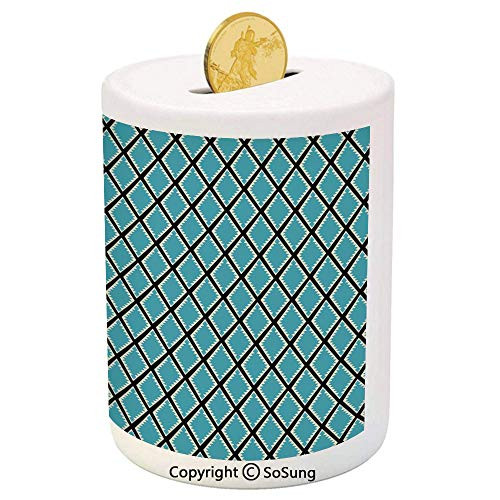 SoSung Geometric Ceramic Piggy Bank,Diamond Line Rhombus Pattern with Geometric Triangle Details Modern Design Decorative 3D Printed Ceramic Coin Bank Money Box for Kids and Adults,Cream Blue Black SoSung Geometric Ceramic Piggy Bank,Diamond Line Rhombus Pattern with Geometric Triangle Details Modern Design Decorative 3D Printed Ceramic Coin Bank Money Box for Kids and Adults,Cream Blue Black