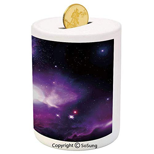 SoSung Space Decorations Ceramic Piggy Bank,Fantasy Space Nebula with Magical Planet Movement in Star Clusters Galaxy Print 3D Printed Ceramic Coin Bank Money Box for Kids  and  Adults,Black Purple