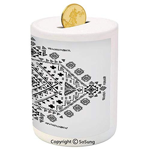 SoSung Mexican Decorations Ceramic Piggy Bank,Ancient Maya with Prehistoric Geometric Form Triangles and Lines Print 3D Printed Ceramic Coin Bank Money Box for Kids and Adults,Black White SoSung Mexican Decorations Ceramic Piggy Bank,Ancient Maya with Prehistoric Geometric Form Triangles and Lines Print 3D Printed Ceramic Coin Bank Money Box for Kids and Adults,Black White