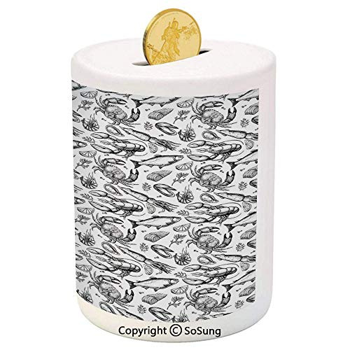 SoSung Crabs Decor Ceramic Piggy Bank,Sea Animals a Vintage Illustration of Hand Drawn Seafood Pattern Print 3D Printed Ceramic Coin Bank Money Box for Kids  and  Adults,Black and White