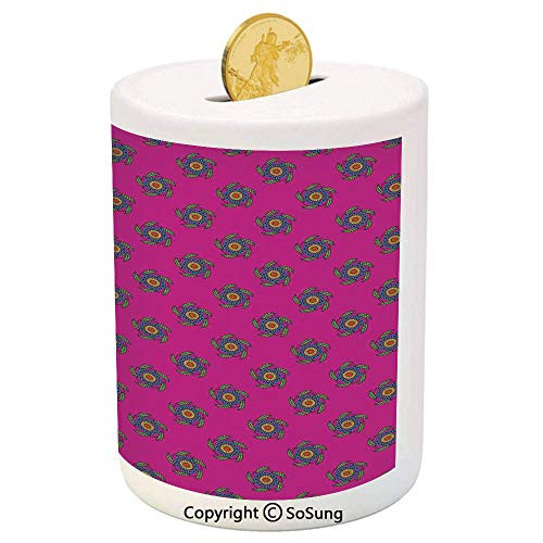 SoSung Ethnic Ceramic Piggy Bank,Windmill Inspired Flowers Made with Leaves Cicles and Polka Dots Art 3D Printed Ceramic Coin Bank Money Box for Kids and Adults,Hot Pink Green and Blue SoSung Ethnic Ceramic Piggy Bank,Windmill Inspired Flowers Made with Leaves Cicles and Polka Dots Art 3D Printed Ceramic Coin Bank Money Box for Kids and Adults,Hot Pink Green and Blue