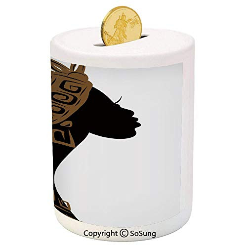 SoSung African Woman Ceramic Piggy Bank,Face Profile Silhouette Woman with Headscarf Tribal Art Folk Elements 3D Printed Ceramic Coin Bank Money Box for Kids  and  Adults,Brown Black White