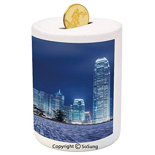 Urban Ceramic Piggy Bank,Hong Kong Skyline Night Architectural Cityscape Skyscrapers Modern Photo 3D Printed Ceramic Coin Bank Money Box for Kids and Adults,Royal Blue Purplegrey Urban Ceramic Piggy Bank,Hong Kong Skyline Night Architectural Cityscape Skyscrapers Modern Photo 3D Printed Ceramic Coin Bank Money Box for Kids and Adults,Royal Blue Purplegrey
