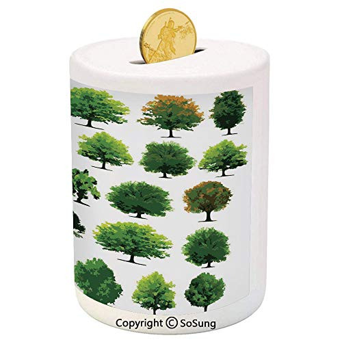 SoSung Nature Ceramic Piggy Bank,Mother Nature Gift Different Types of Trees and Pines Planes Bushes Art Print 3D Printed Ceramic Coin Bank Money Box for Kids  and  Adults,White and Green