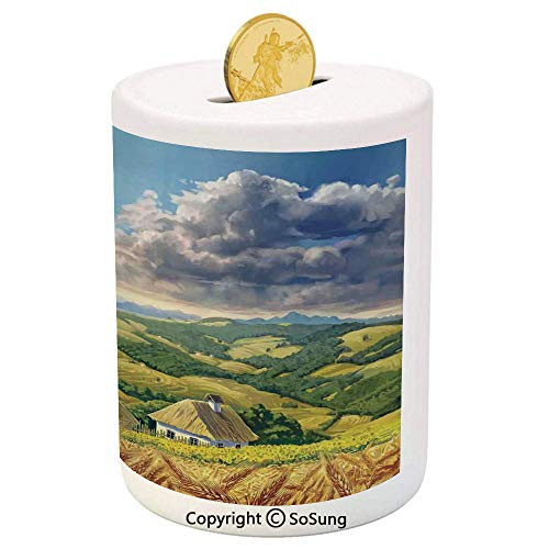 Country Decor Ceramic Piggy Bank,Paint of Summer Rural Landscape with Wheat and Small Country Houses in Valley Art 3D Printed Ceramic Coin Bank Money Box for Kids  and  Adults,Green White Blue