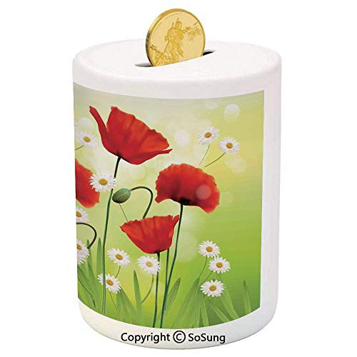 SoSung Poppy Ceramic Piggy Bank,Spring Environment with Poppies and Daisies on Grass Flourishing Nature Illustration 3D Printed Ceramic Coin Bank Money Box for Kids and Adults,Red Green SoSung Poppy Ceramic Piggy Bank,Spring Environment with Poppies and Daisies on Grass Flourishing Nature Illustration 3D Printed Ceramic Coin Bank Money Box for Kids and Adults,Red Green