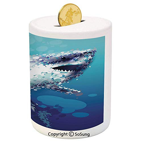 SoSung Sea Animal Decor Ceramic Piggy Bank,Digital Made Psychedelic Shark Figure with Droplets Scary Atlantic Beast 3D Printed Ceramic Coin Bank Money Box for Kids  and  Adults,Blue Grey