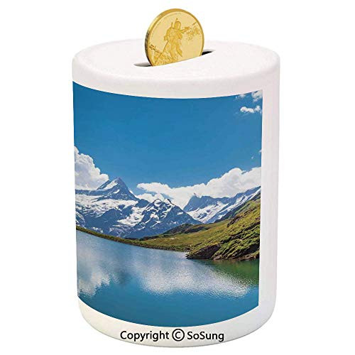 SoSung Lake House Decor Ceramic Piggy Bank,Dreamy View of Alpine Lake with Snow Frozen Peaks Swiss Northern Explore Photo 3D Printed Ceramic Coin Bank Money Box for Kids  and  Adults,Blue Green White