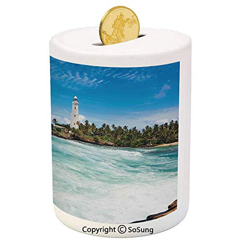 SoSung Lighthouse Decor Ceramic Piggy Bank,Tropical Island Lighthouse with Palm Trees Rocks Wavy Seaside Beach Ocean 3D Printed Ceramic Coin Bank Money Box for Kids  and  Adults,Blue White Green SoSung Lighthouse Decor Ceramic Piggy Bank,Tropical Island Lighthouse with Palm Trees Rocks Wavy Seaside Beach Ocean 3D Printed Ceramic Coin Bank Money Box for Kids  and  Adults,Blue White Green